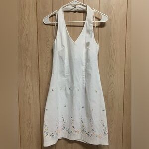 Size 5 Vintage White Halter Dress with Embroidered Flowers